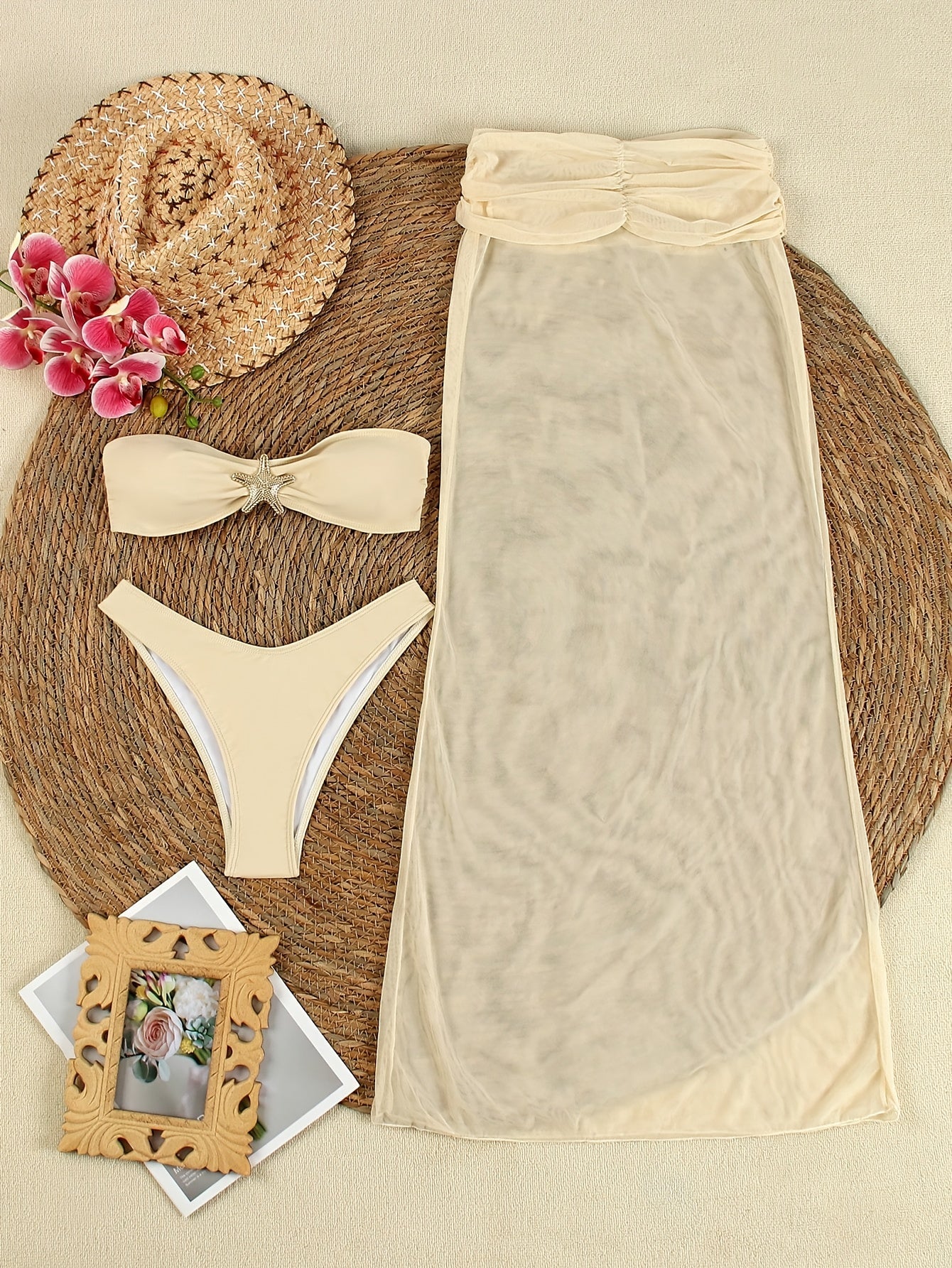 2025 New Spring Summer Sexy Bikini Sun Suit Three Pieces, Pentagram Decorative Buckle White Bikini Sun Suit Sexy Three Pieces