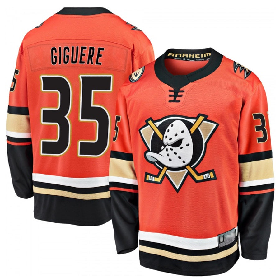 A.Ducks #35 Jean-Sebastien Giguere Player Fanatics Premium Orange Home Hockey Jerseys