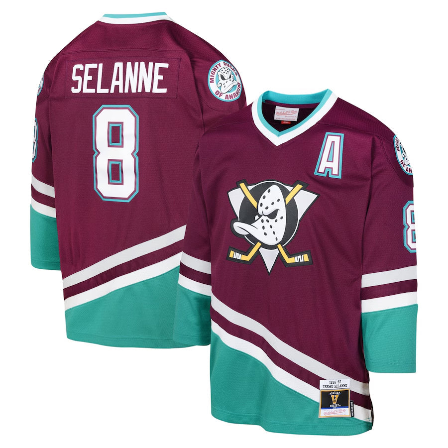 A.Ducks #8 Teemu Selanne Mitchell & Ness Maroon 1996 Blue Line Player Hockey Jerseys