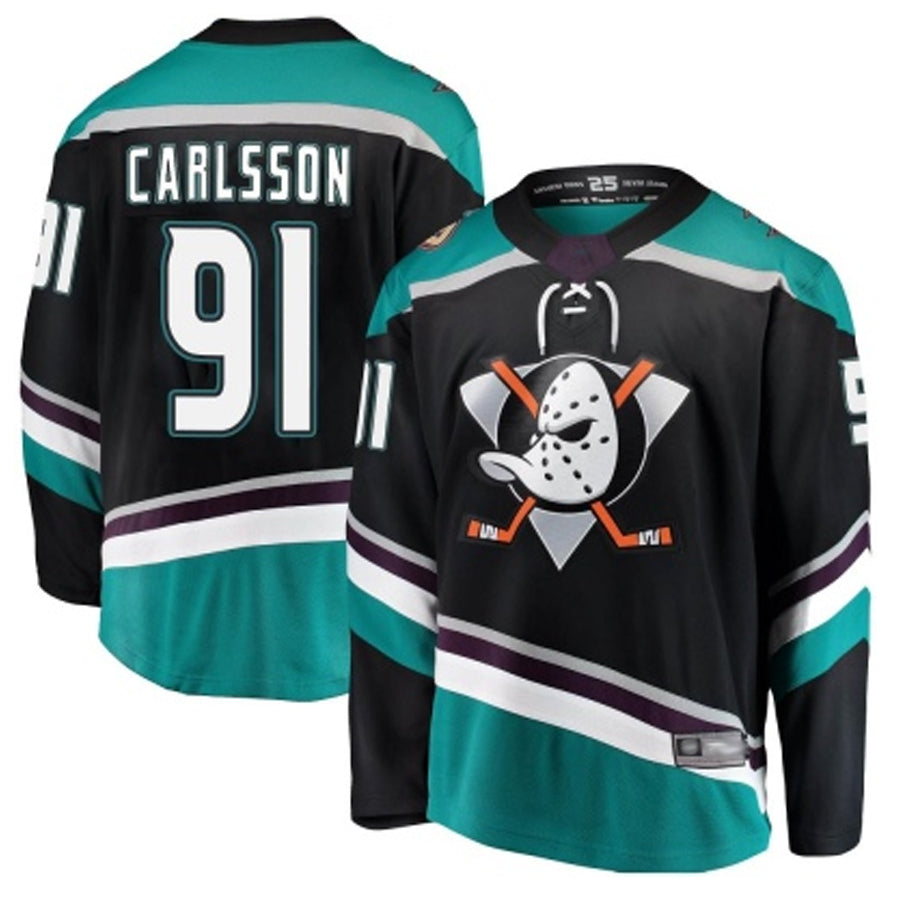 A.Ducks #91 Leo Carlsson Player Fanatics Breakaway Black Hockey Jerseys