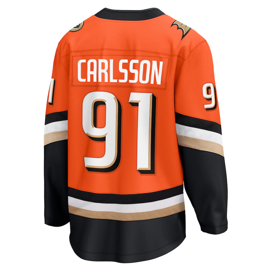 A.Ducks #91 Leo Carlsson Player Fanatics Home Breakaway Orange Hockey Jerseys