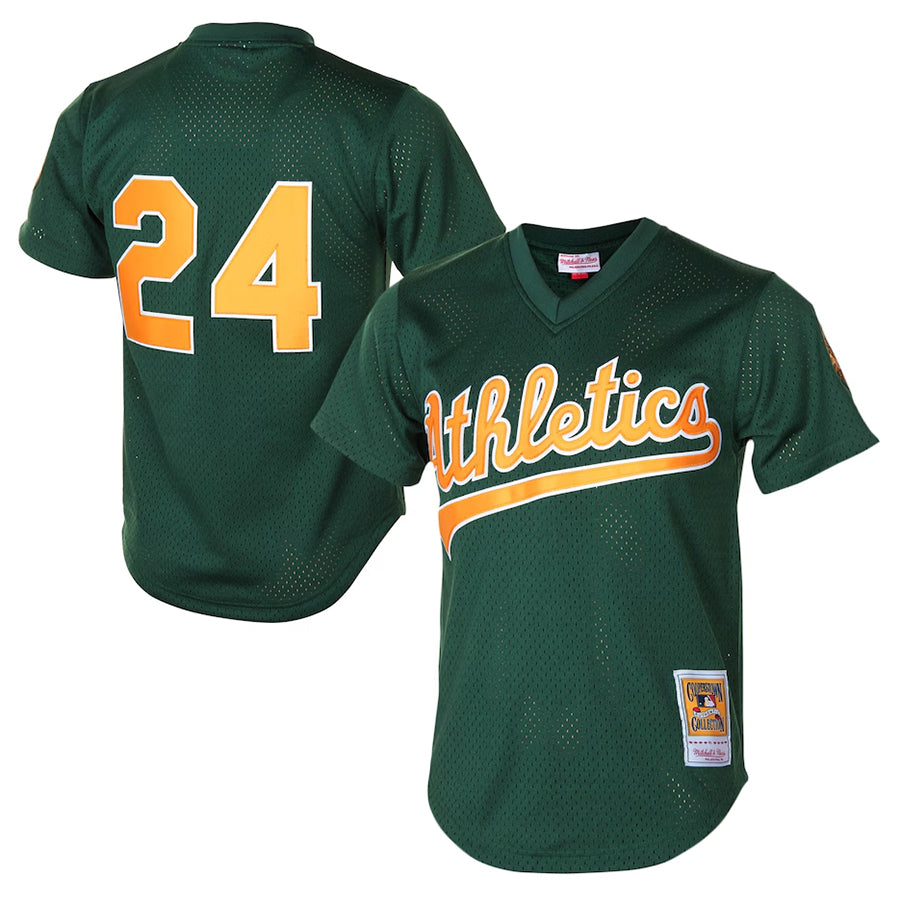 Athletics #24 Rickey Henderson Player Mitchell & Ness Green 1998 Cooperstown Mesh Batting Practice Jerseys