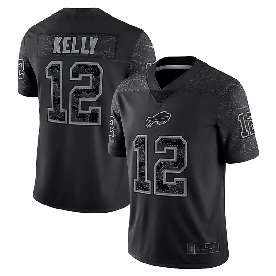 B.Bills #12 Jim Kelly Player Black RFLCTV Limited Football Jerseys