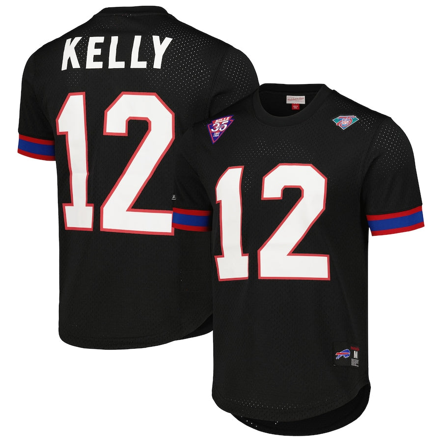 B.Bills #12 Jim Kelly Player Mitchell & Ness Black Replica Name & Number Mesh Football Jerseys