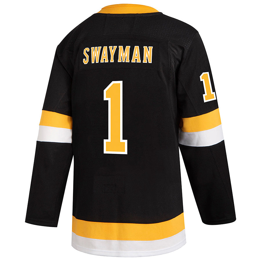 B.Bruins #1 Jeremy Swayman Player Fanatics Black Premier Breakaway Hockey Jerseys