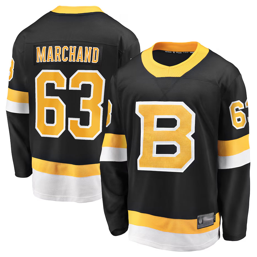 B.Bruins #63 Brad Marchand Player Fanatics Black Premier Breakaway Hockey Jerseys