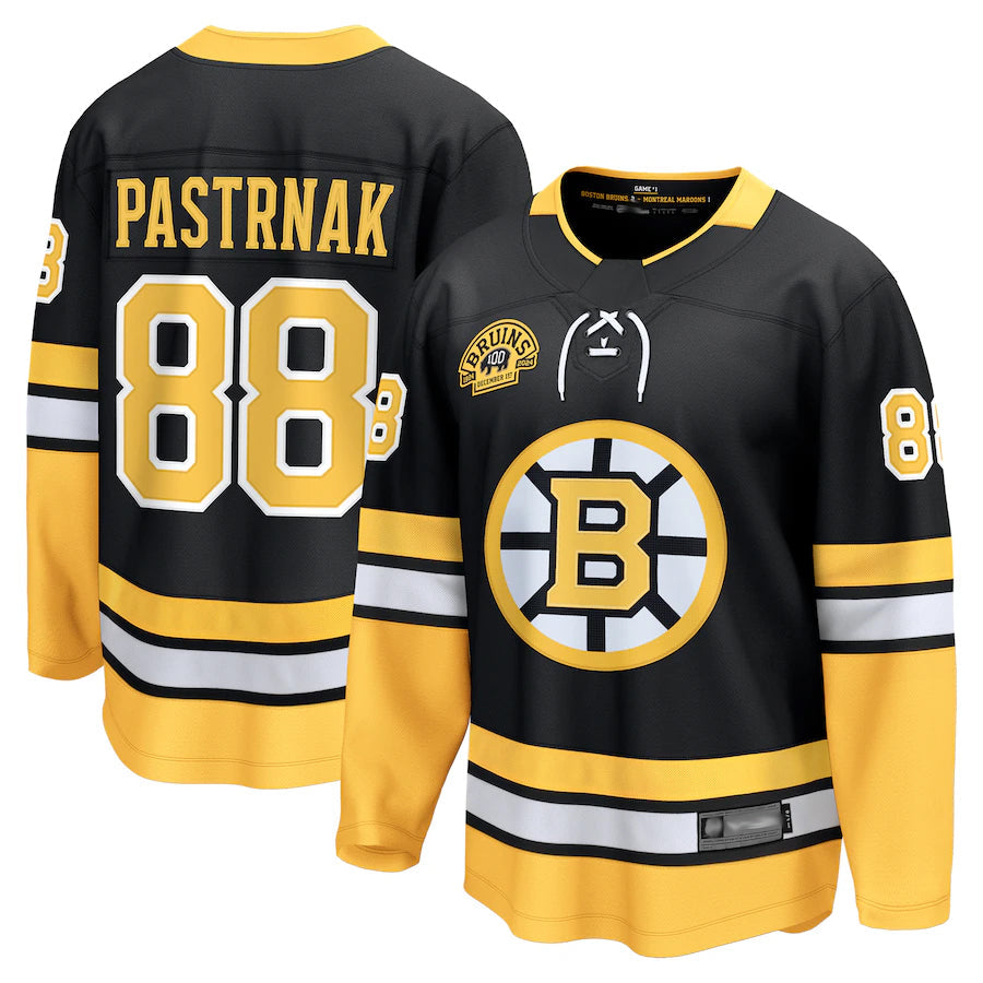 B.Bruins #88 David Pastrnak Player Fanatics Anniversary Premier Breakaway Black Hockey Jerseys