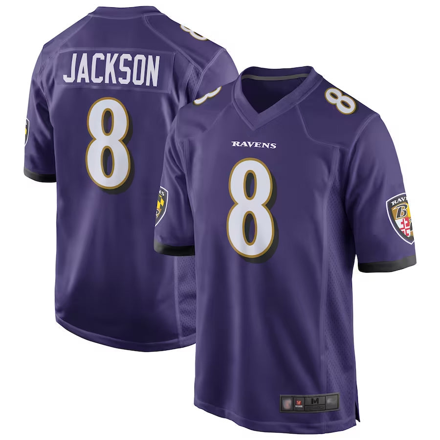 B.Ravens #8 Lamar Jackson Player Purple Home Game Football Jerseys
