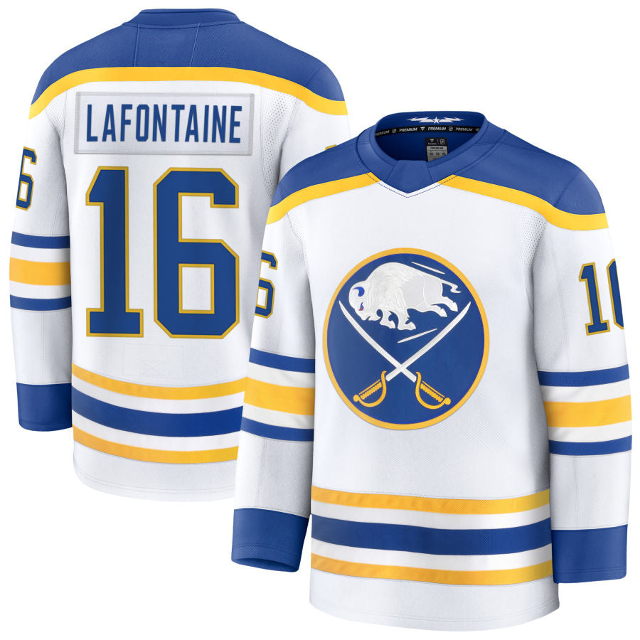 B.Sabres #16 Pat LaFontaine Player Fanatics Away Premium White Hockey Jerseys