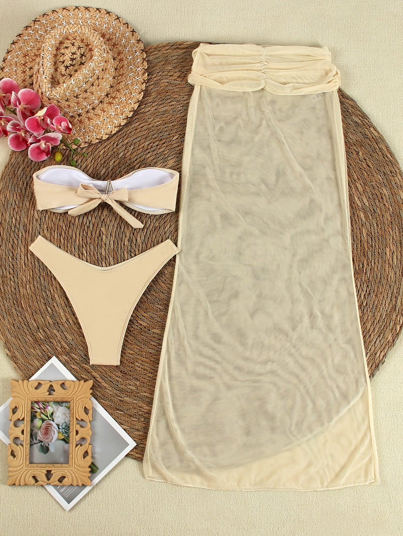 2025 New Spring Summer Sexy Bikini Sun Suit Three Pieces, Pentagram Decorative Buckle White Bikini Sun Suit Sexy Three Pieces